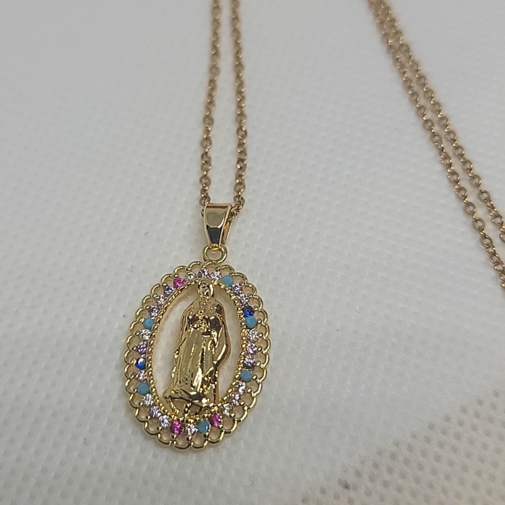 Mama Mary Cz Stones Pendant Necklace